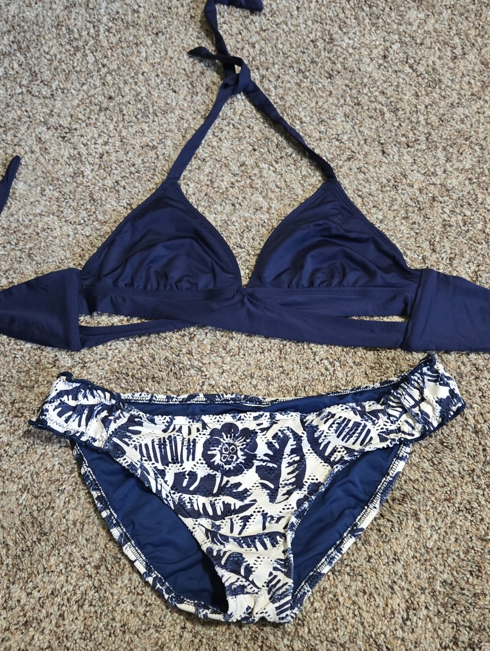 Lucky Brand Navy Blue Two-Piece Bikini with Printed Ruffle Bottoms